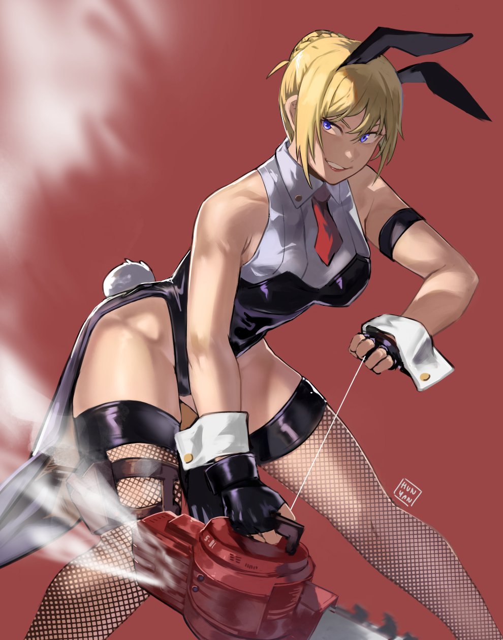 1girl animal_ears artist_name bare_shoulders bent_over blonde_hair blue_eyes breasts bunny_tail chainsaw feet_out_of_frame fingerless_gloves fishnet_legwear fishnets gloves hair_between_eyes hair_bun highres holding_chainsaw hun_yan leotard medium_breasts necktie original parted_lips playboy_bunny rabbit_ears red_background simple_background sleeveless smile smoke solo standing tail teeth thigh-highs watermark wrist_cuffs