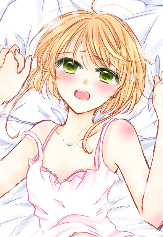 1girl ahoge bangs bed_sheet blonde_hair blush bra cardcaptor_sakura collarbone eyebrows_visible_through_hair from_above green_eyes hair_between_eyes kanaoto_neiro kinomoto_sakura looking_at_viewer lying off_shoulder on_back pink_bra pov shiny shiny_skin shirt short_hair_with_long_locks sidelocks sleeveless sleeveless_shirt solo_focus underwear upper_body white_shirt