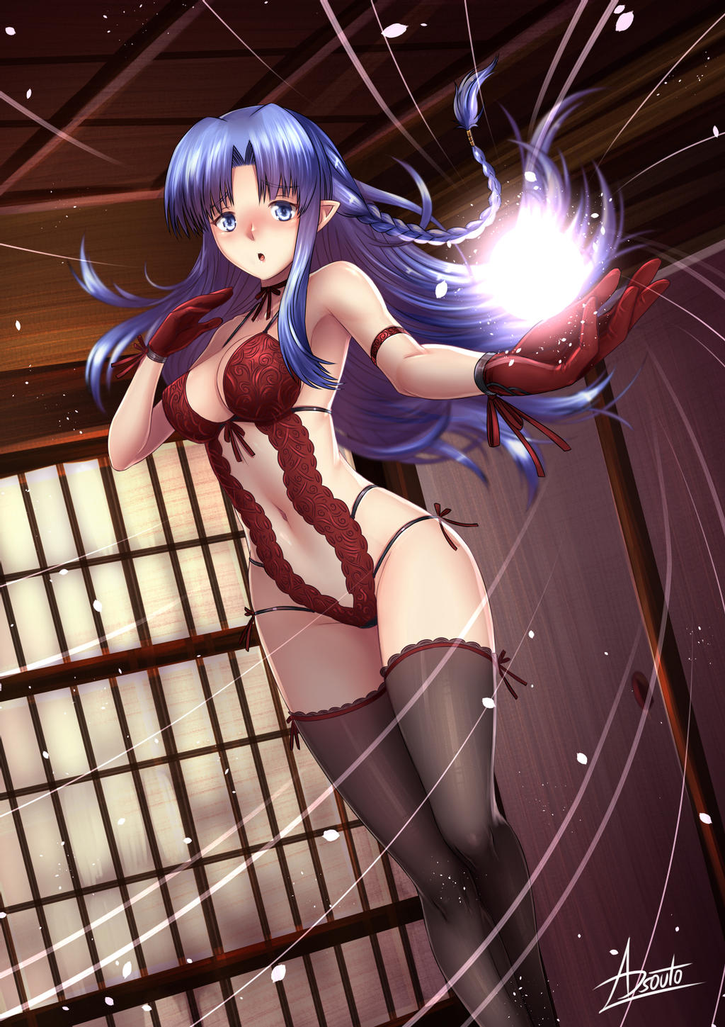 adsouto arm_strap artist_name blue_eyes blush braid breasts caster fate/stay_night fate_(series) gloves highres lingerie long_hair looking_at_viewer medium_breasts open_mouth pointy_ears purple_hair shouji sliding_doors thigh-highs underwear very_long_hair