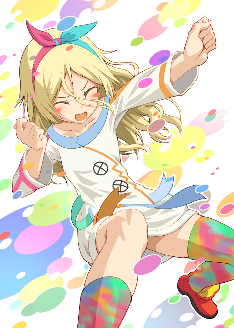 1girl alice_gear_aegis blonde_hair closed_mouth collarbone colorful commentary_request hair_between_eyes hairband miyaminami_hikari multicolored multicolored_clothes multicolored_legwear open_mouth pinakes red_footwear shirt smile solo white_shirt wide_sleeves