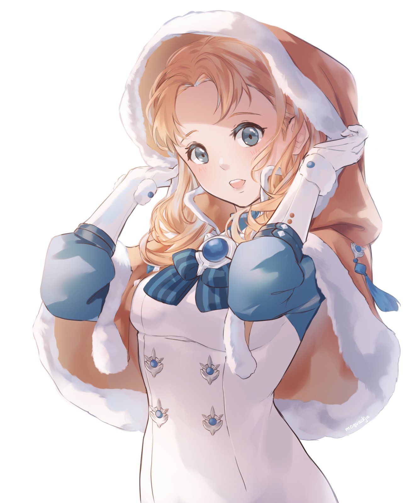 1girl annette_fantine_dominic blue_eyes capelet commentary dress english_commentary fire_emblem fire_emblem:_three_houses gloves hands_up head_tilt highres hood hooded_capelet long_hair looking_at_viewer moja_(moquackja) open_mouth orange_capelet orange_hair simple_background solo upper_body white_background white_dress white_gloves