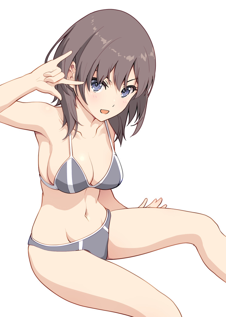 alice_gear_aegis blue_eyes blue_swimsuit breasts brown_hair collarbone commentary_request eyebrows_visible_through_hair kurogane_yuuto looking_at_viewer medium_breasts medium_hair navel open_mouth pinakes simple_background sitting smile swimsuit white_background