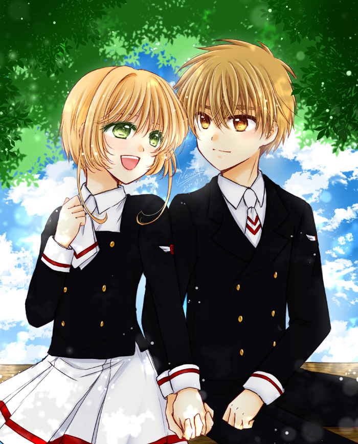 1boy 1girl :d bangs black_jacket black_pants blonde_hair brown_eyes brown_hair cardcaptor_sakura collared_shirt couple eye_contact green_eyes hair_between_eyes hetero holding_hands interlocked_fingers jacket kanaoto_neiro kinomoto_sakura li_xiaolang long_sleeves looking_at_another necktie open_mouth pants pleated_skirt school_uniform shirt short_hair short_hair_with_long_locks short_necktie sidelocks sitting skirt smile tomoeda_elementary_school_uniform white_neckwear white_shirt white_skirt wing_collar