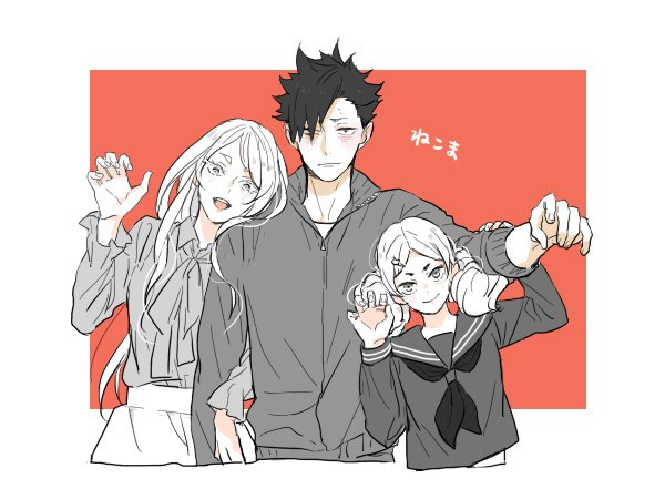 1boy 2girls age_difference arm_grab arms_up black_hair blouse blush border bow caya_ky cowboy_shot cropped_legs embarrassed haiba_arisa haikyuu!! hair_ornament hairclip head_on_another's_shoulder height_difference jacket kuroo_tetsurou locked_arms long_hair long_sleeves looking_at_viewer monochrome multiple_girls paw_pose puffy_long_sleeves puffy_sleeves red_background sailor_collar school_uniform short_hair skirt smile standing track_jacket twintails yamamoto_akane