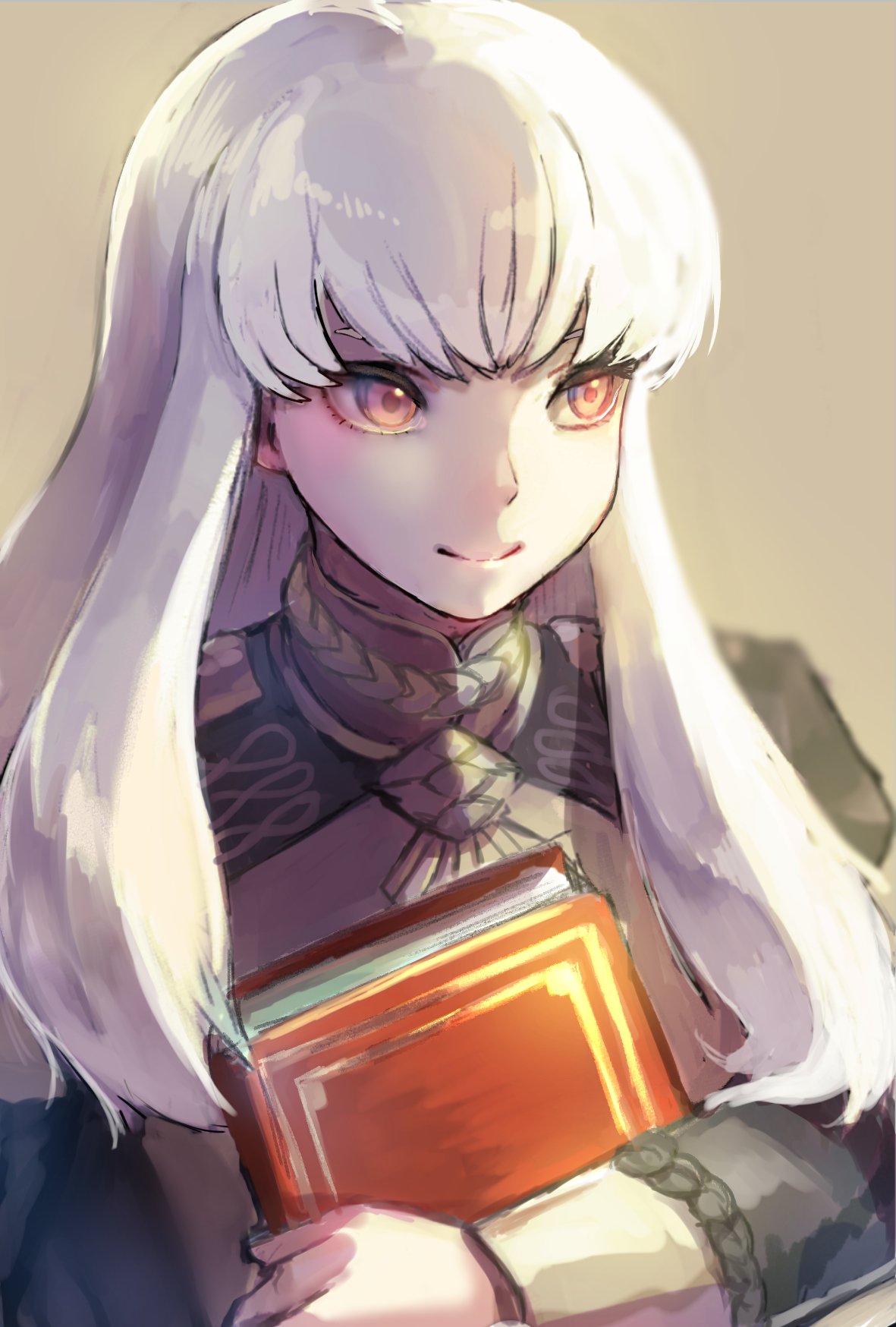 1girl bangs book book_hug brown_background closed_mouth commentary_request eyebrows_behind_hair fire_emblem fire_emblem:_three_houses garreg_mach_monastery_uniform highres holding holding_book long_hair long_sleeves lysithea_von_ordelia mimitonmimimi pink_eyes simple_background smile solo uniform upper_body white_hair