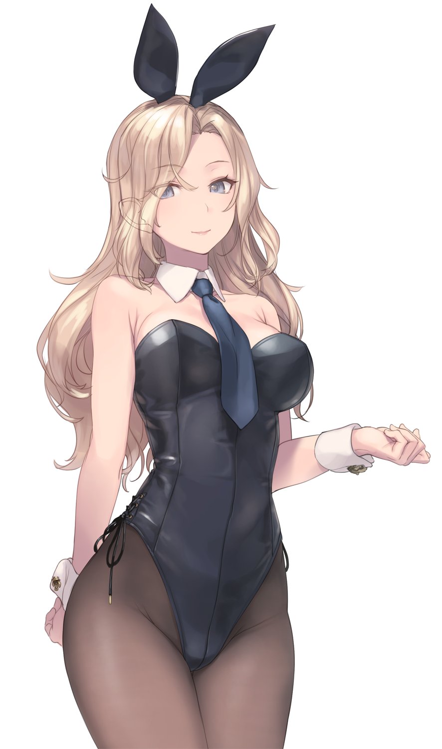 1girl animal_ears black_legwear black_leotard black_neckwear blonde_hair breasts closed_mouth cowboy_shot detached_collar ears_visible_through_hair eyebrows_visible_through_hair eyes_visible_through_hair fake_animal_ears grey_eyes highres hornet_(kancolle) kantai_collection large_breasts leotard long_hair necktie pantyhose playboy_bunny rabbit_ears rokuwata_tomoe simple_background smile solo white_background wrist_cuffs