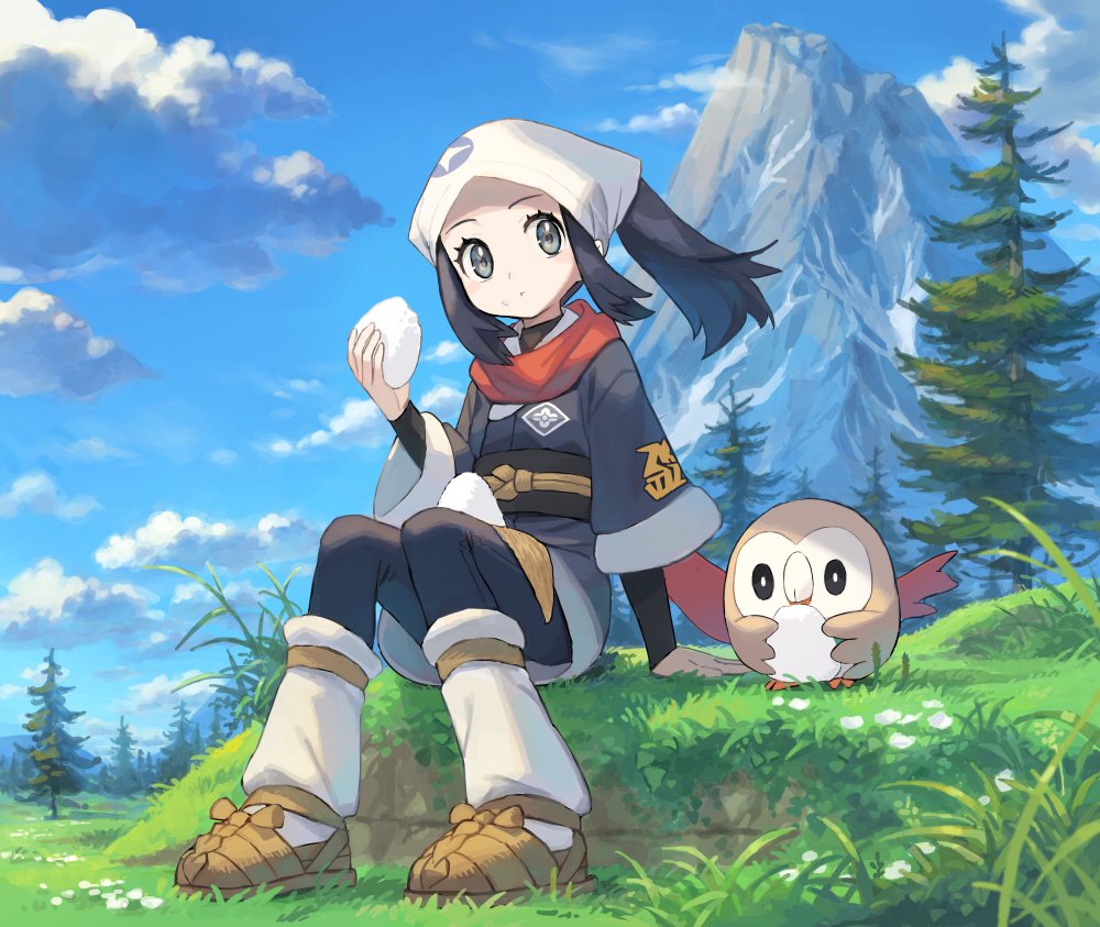 1girl arm_support black_hair chorefuji closed_mouth clouds commentary_request day eating eyelashes female_protagonist_(pokemon_legends:_arceus) gen_7_pokemon grass grey_eyes head_scarf holding long_hair looking_to_the_side mountain outdoors pokemon pokemon_(creature) pokemon_(game) pokemon_legends:_arceus ponytail rowlet sash scarf sidelocks sitting sky socks starter_pokemon tree white_headwear