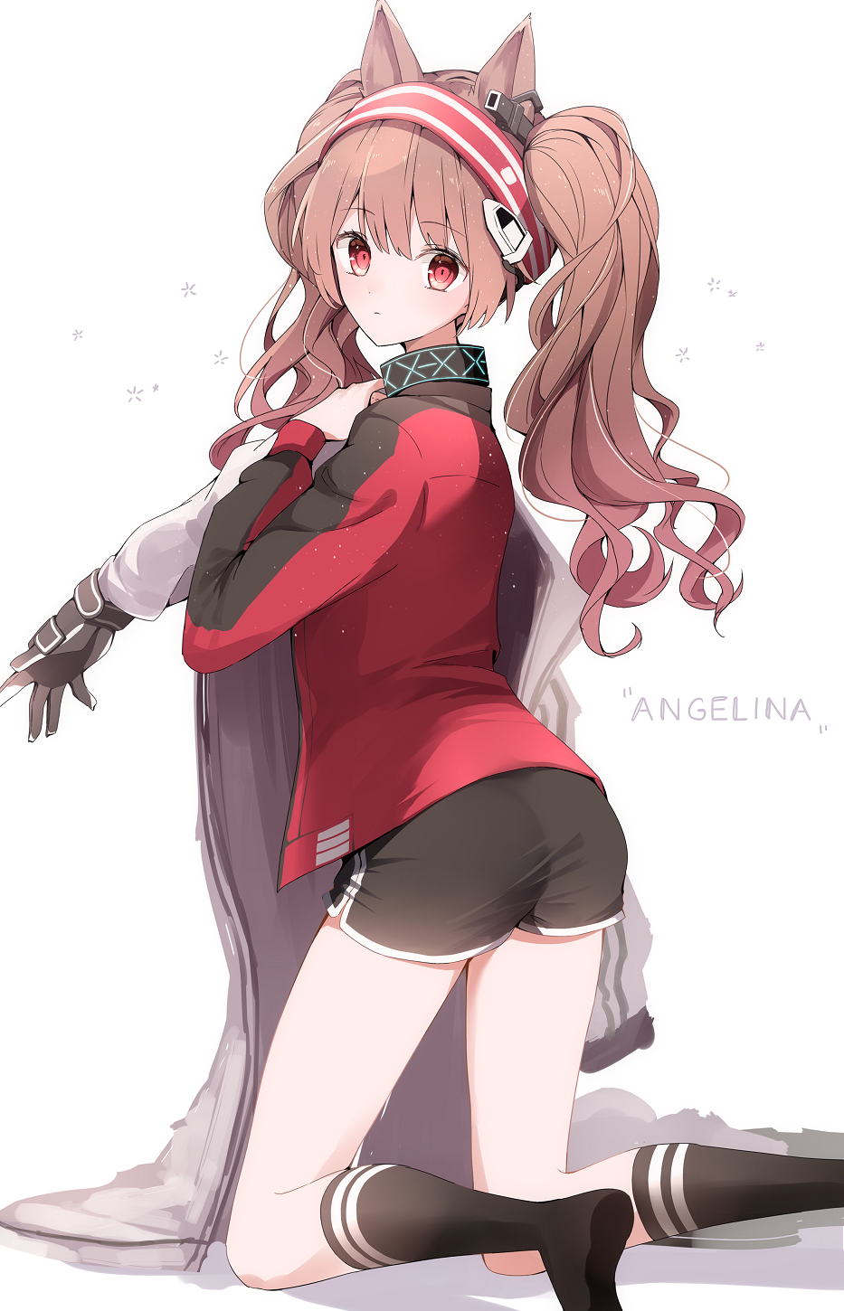 1girl a.a_(aa772) angelina_(arknights) animal_ears arknights ass bangs black_gloves black_legwear black_shorts brown_hair character_name commentary_request dressing eyebrows_visible_through_hair feet_out_of_frame from_behind gloves hair_between_eyes hairband highres jacket kneehighs long_hair long_sleeves looking_at_viewer looking_back no_shoes open_clothes open_jacket red_eyes red_hairband red_jacket shadow short_shorts shorts soles solo twintails white_background white_jacket