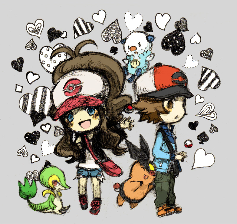 1boy 1girl baseball_cap black_footwear black_pants blue_eyes blue_jacket blush blush_stickers brown_eyes brown_hair club_(shape) denim diamond_(shape) gen_5_pokemon grey_background hat heart high_collar hilbert_(pokemon) hilda_(pokemon) hokori_(kingcat) jacket jeans long_hair long_sleeves medium_hair nintendo orange_footwear oshawott pants poke_ball pokemon pokemon_(game) pokemon_bw ponytail shirt shoes short_shorts short_sleeves shorts simple_background sneakers snivy spade tepig white_shirt