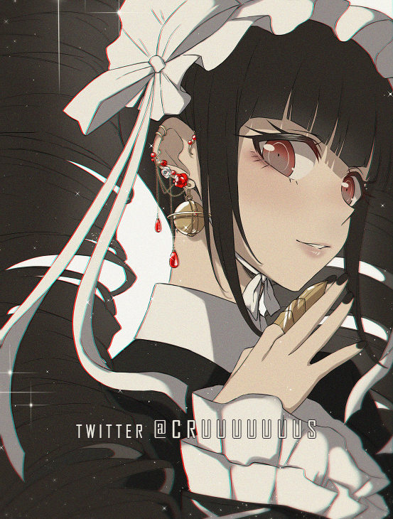 1girl artist_name bangs black_hair black_legwear blunt_bangs blush bonnet brown_hair card celestia_ludenberg criis-chan dangan_ronpa:_trigger_happy_havoc dangan_ronpa_(series) drill_hair earrings english_commentary frills from_side gothic_lolita hand_up jewelry lolita_fashion long_hair long_sleeves looking_at_viewer nail_polish necktie parted_lips red_eyes smile solo teeth thigh-highs twin_drills twintails upper_body