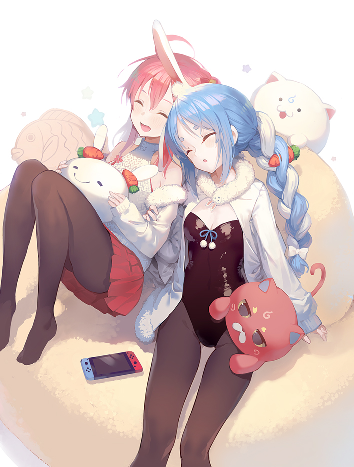 2girls :o ahoge bare_shoulders black_leotard blue_hair blush bow braid brown_legwear carrot_hair_ornament closed_eyes commentary_request don-chan_(usada_pekora) feet_out_of_frame food_themed_hair_ornament fur-trimmed_jacket fur_trim hair_bow hair_ornament head_tilt hololive jacket knees_up leotard long_hair multicolored_hair multiple_girls nintendo_switch no_shoes nousagi_(usada_pekora) open_clothes open_jacket pantyhose parted_lips pleated_skirt red_bow red_skirt redhead ritsuki sakura_miko shirt skirt sleeping sleeping_on_person sleeveless sleeveless_shirt twin_braids twintails two-tone_hair usada_pekora very_long_hair virtual_youtuber white_background white_bow white_hair white_jacket white_shirt