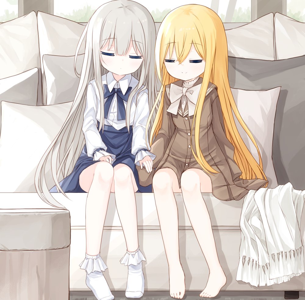 2girls bangs barefoot blonde_hair blue_bow blue_skirt bobby_socks bow brown_dress brown_sailor_collar closed_eyes closed_mouth collared_shirt commentary_request couch dress dress_shirt eyebrows_visible_through_hair facing_viewer flower_girl_(yuuhagi_(amaretto-no-natsu)) fringe_trim grey_hair hair_between_eyes healer_girl_(yuuhagi_(amaretto-no-natsu)) indoors long_hair long_sleeves multiple_girls no_shoes on_couch original pillow sailor_collar shirt sitting skirt sleeping sleeping_upright sleeves_past_fingers sleeves_past_wrists smile socks very_long_hair white_bow white_legwear white_shirt yuuhagi_(amaretto-no-natsu)