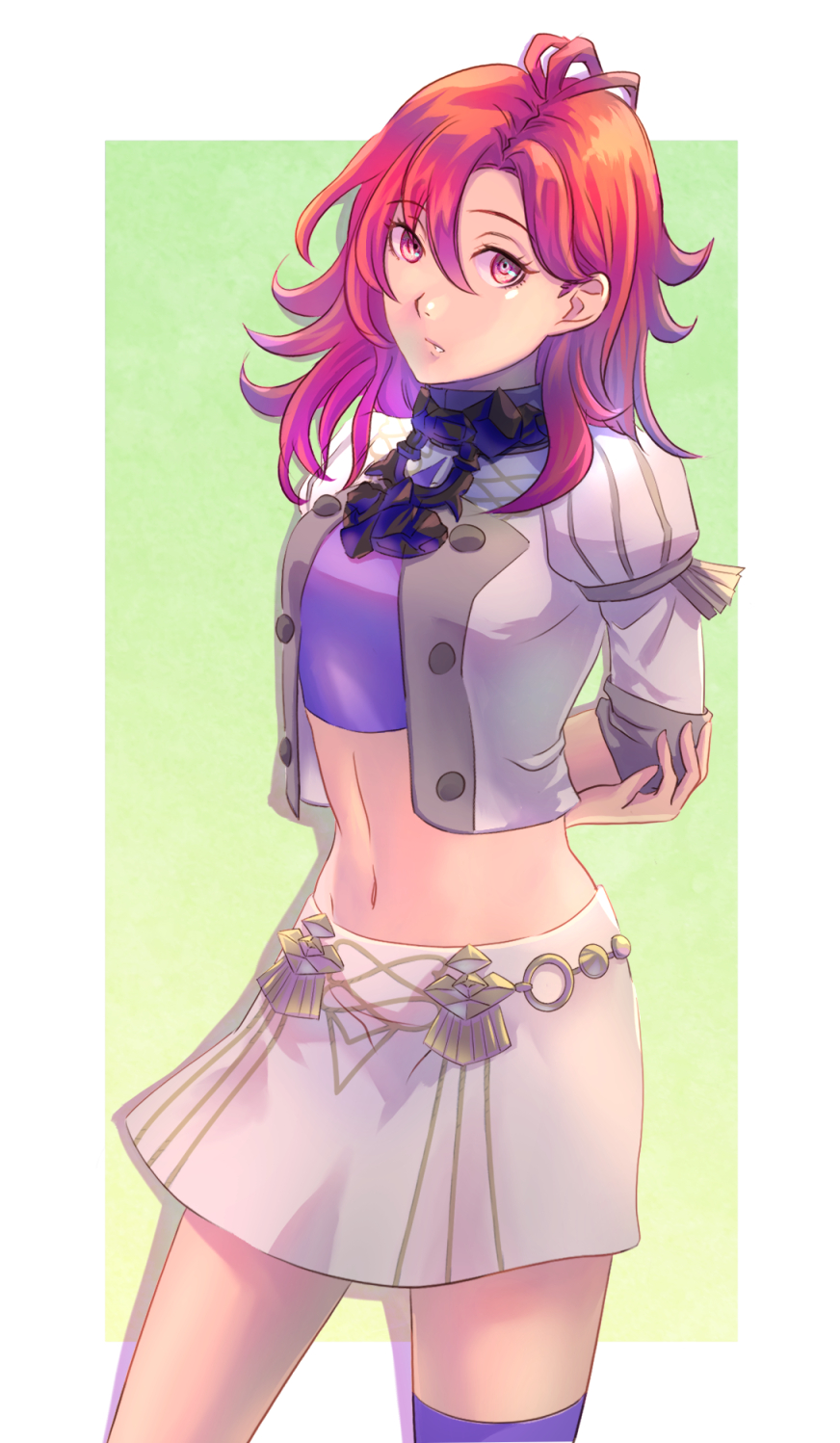 1girl arms_behind_back bangs cowboy_shot crop_top eyebrows_visible_through_hair fire_emblem fire_emblem:_three_houses garreg_mach_monastery_uniform hair_between_eyes hapi_(fire_emblem) highres jacket long_hair looking_at_viewer midriff miniskirt navel open_clothes open_jacket pink_eyes purple_legwear purple_shirt redhead riou_(pooh920) shirt single_thighhigh skirt skirt_set solo standing stomach thigh-highs white_jacket white_skirt