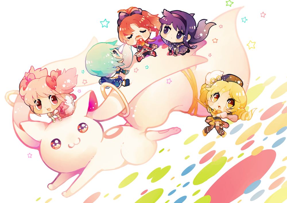 5girls akemi_homura animal apple arm_support black_hair black_headwear black_ribbon blonde_hair blue_hair blue_skirt blush_stickers bubble_skirt cape chibi closed_eyes colorful creature drill_hair dutch_angle facing_viewer feathers floating_hair flower food fruit hair_flower hair_ornament hair_ribbon hairband hairpin half-closed_eyes hanging hat holding holding_food kaname_madoka knees_together_feet_apart kyubey light_particles looking_at_another looking_back looking_to_the_side mahou_shoujo_madoka_magica miki_sayaka minigirl multiple_girls open_mouth oversized_animal pink_eyes pink_hair polka_dot polka_dot_background puffy_sleeves redhead ribbon sakura_kyouko shield shiny shiny_hair short_hair simple_background sitting sitting_on_animal skirt souno_kazuki spiral_eyes star_(symbol) star_in_eye striped striped_legwear symbol_in_eye tomoe_mami twin_drills twintails white_background white_cape yellow_eyes yellow_skirt