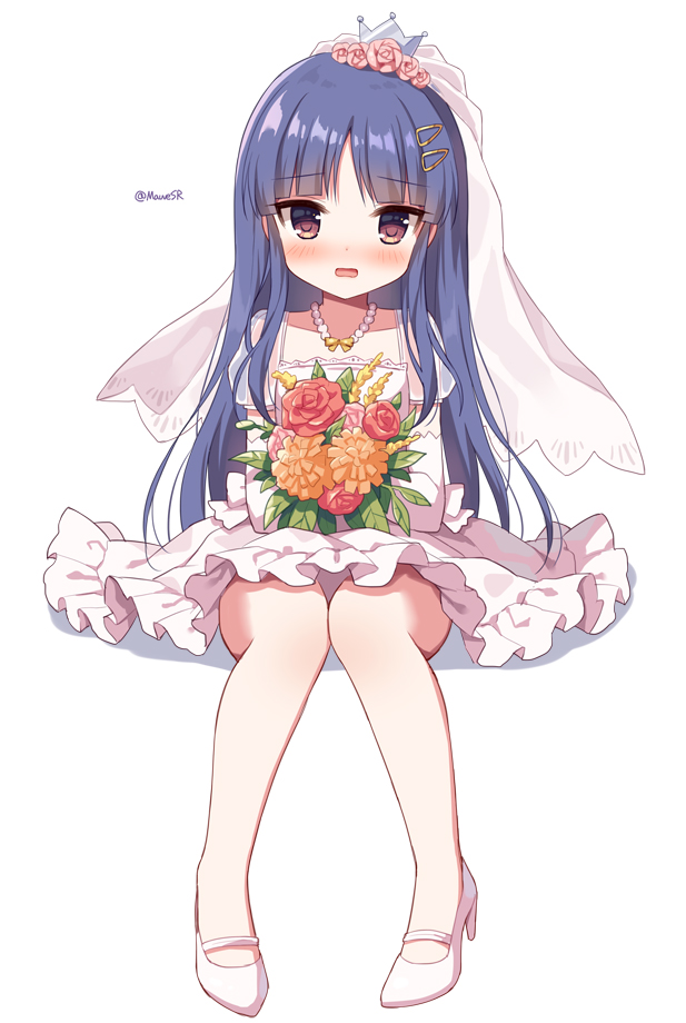 1girl bangs blue_hair blush bouquet bridal_veil brown_eyes brown_flower character_request commentary_request crown dress eyebrows_visible_through_hair flower full_body hair_flower hair_ornament hairclip high_heels holding holding_bouquet long_hair looking_at_viewer mauve mini_crown nose_blush open_mouth pink_flower pink_rose princess_connect! princess_connect!_re:dive puffy_short_sleeves puffy_sleeves red_flower red_rose rose see-through see-through_sleeves shadow shoes short_sleeves sitting solo twitter_username veil very_long_hair wavy_mouth wedding_dress white_background white_dress white_footwear