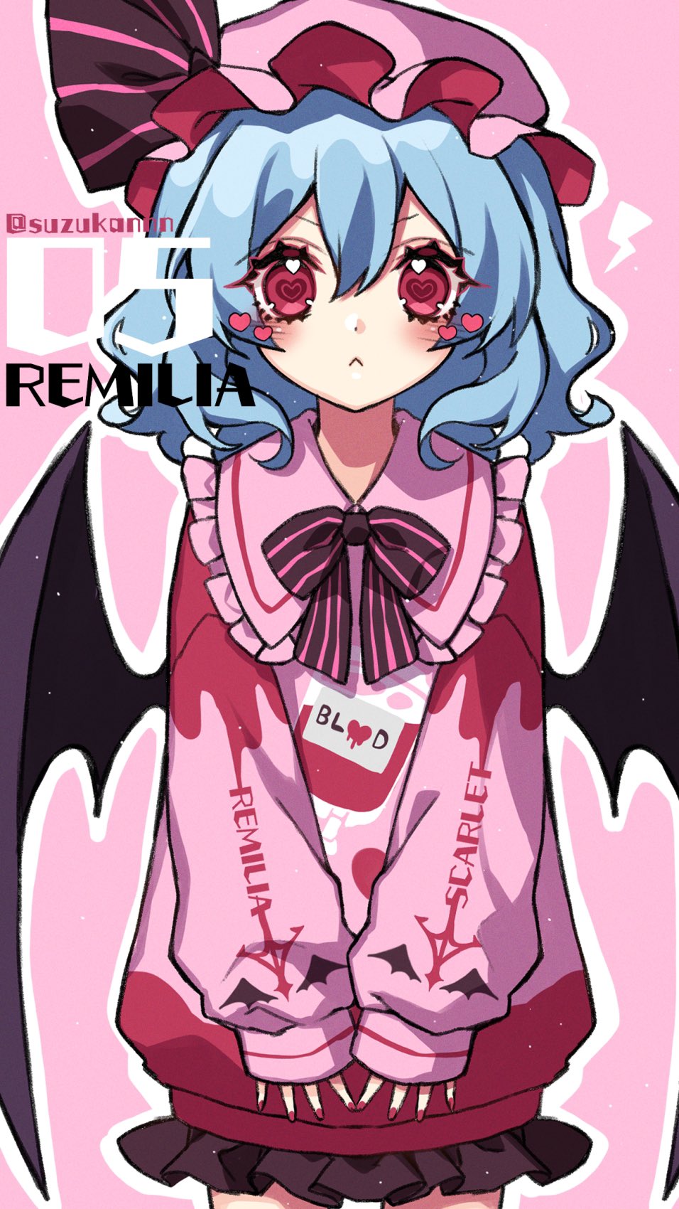 1girl :&lt; alternate_costume bat_wings black_neckwear black_ribbon black_skirt blue_hair blush bow bowtie character_name clothes_writing commentary contemporary cowboy_shot hat hat_ribbon heart heart-shaped_pupils highres kyouda_suzuka looking_at_viewer medium_hair mob_cap pink_background pink_headwear pink_sweater red_eyes red_nails remilia_scarlet ribbon simple_background skirt sleeves_past_wrists solo sweater symbol-shaped_pupils touhou upper_body wings