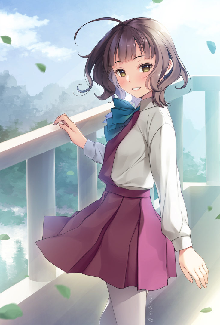 1girl ahoge bangs blue_neckwear blush brown_eyes brown_hair collared_shirt commentary_request day dress eyebrows_visible_through_hair grin hand_up imachireki kantai_collection kishinami_(kancolle) long_sleeves looking_at_viewer looking_to_the_side outdoors pantyhose pleated_dress purple_dress railing shirt smile solo standing twitter_username white_legwear white_shirt