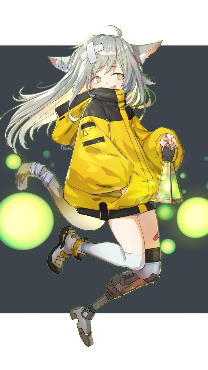 1girl :d animal_ear_fluff animal_ears bandaged_ear bandaged_tail bandaid bandaid_on_leg boots cat_ears cat_tail crossed_bandaids fang full_body hand_in_pocket highres hood hooded_jacket jacket lantern long_hair mitake_eil no_pants open_mouth original prosthesis prosthetic_leg silver_hair skin_fang smile tail thigh-highs white_legwear yellow_eyes