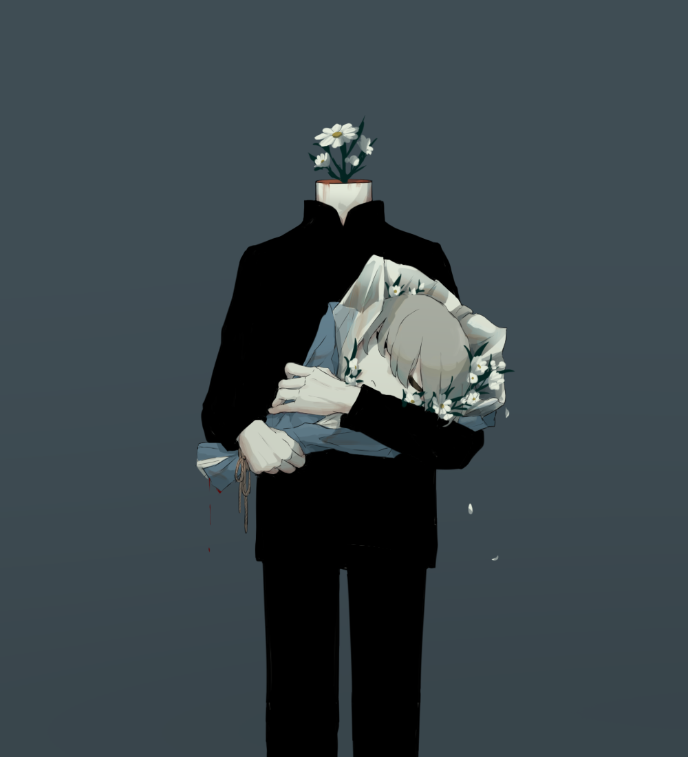 1boy avogado6 black_pants black_shirt blood bouquet closed_eyes colored_skin commentary_request daisy death decapitation facing_viewer flower grey_background grey_hair holding holding_bouquet long_sleeves male_focus original pants shirt simple_background solo standing white_flower white_skin