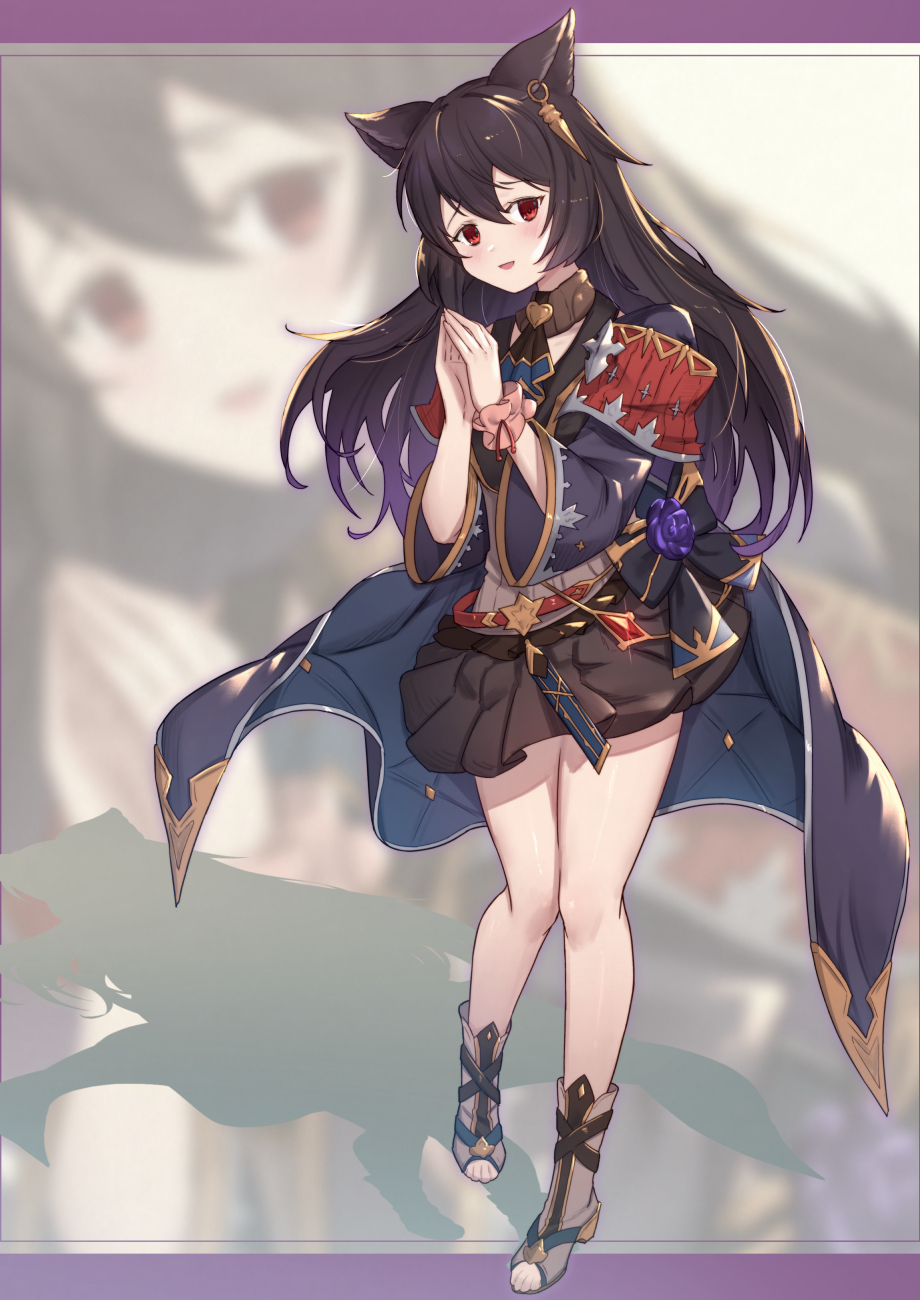 1girl :d armband bangs black_hair black_skirt blurry blurry_background blush boots commentary_request depth_of_field erune full_body gradient_hair granblue_fantasy grey_footwear grey_shirt hair_between_eyes hands_together hands_up highres jacket long_hair long_sleeves looking_at_viewer multicolored_hair nier_(granblue_fantasy) open_mouth own_hands_together pleated_skirt purple_hair purple_jacket red_eyes shirt skirt smile solo standing toeless_footwear uneg very_long_hair wide_sleeves wrist_cuffs zoom_layer