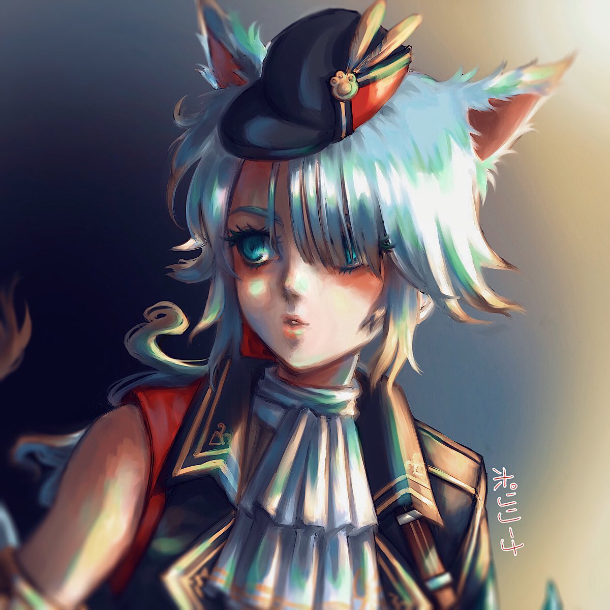 1girl animal_ears artist_name black_headwear blue_eyes cat_ears cravat eyelashes gradient gradient_background hair_over_one_eye hat hat_feather highres light_blue_hair lips long_hair looking_away looking_to_the_side mini_hat parted_lips paw_print pink_lips poririna solo upper_body white_cat_(ys) white_neckwear yellow_feathers ys ys_ix_monstrum_nox