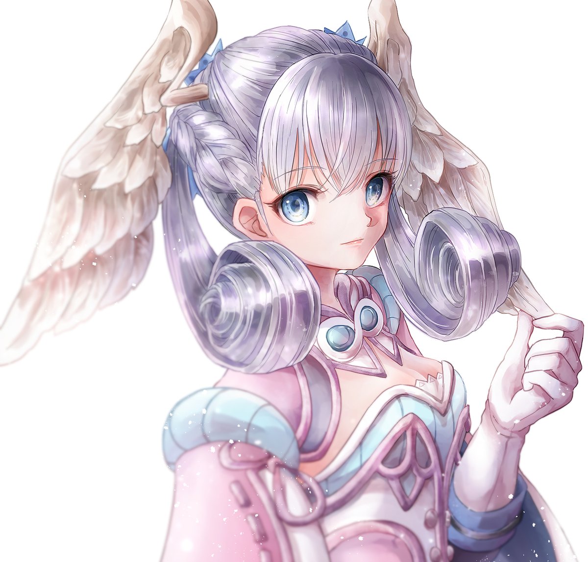 1girl blue_eyes braid breasts cape crown_braid curly_hair dress ebi_(shrimp0905) gloves hat head_wings juliet_sleeves long_hair long_sleeves looking_at_viewer medium_breasts melia_antiqua o-ring puffy_sleeves silver_hair simple_background smile solo thigh-highs upper_body white_background xenoblade_chronicles xenoblade_chronicles_(series)
