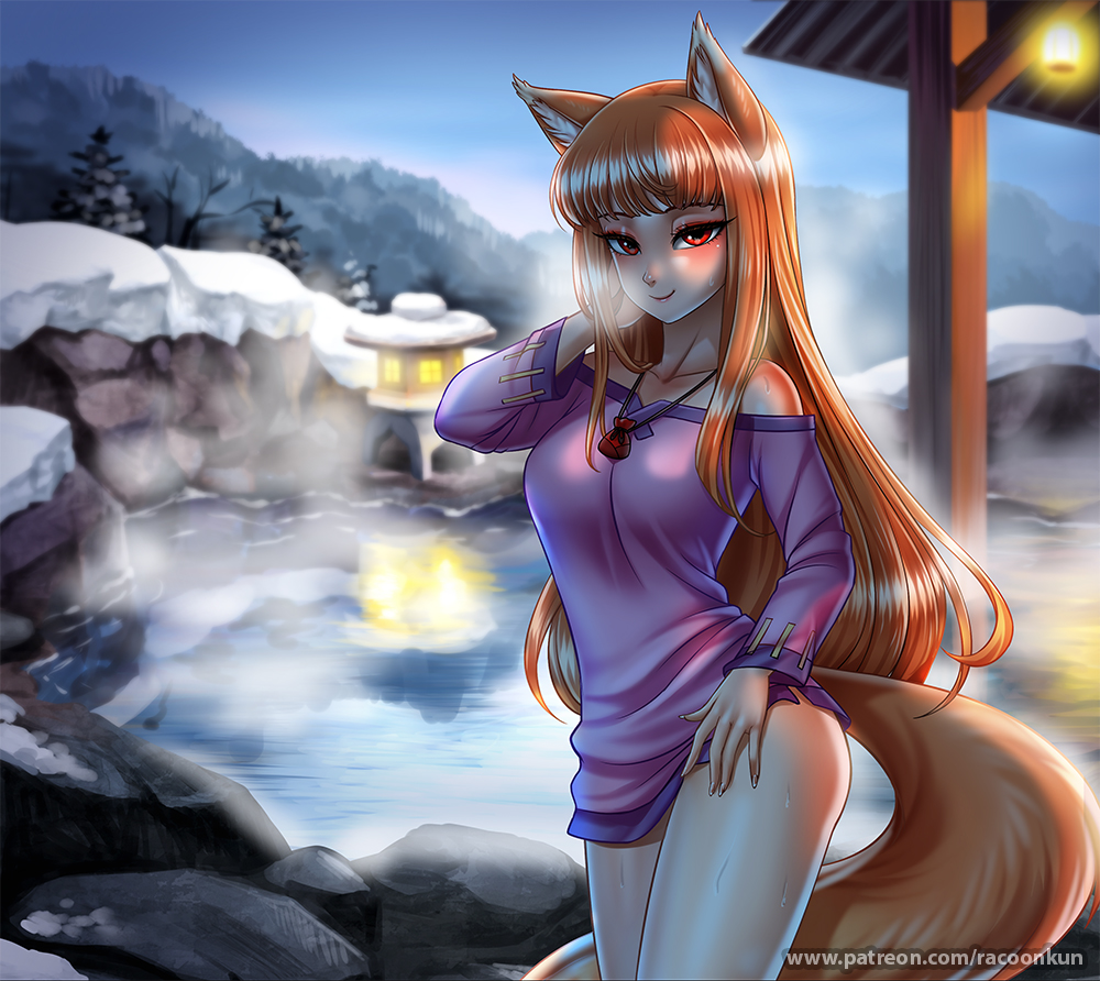 1girl animal_ears bangs blunt_bangs blush breasts brown_hair closed_mouth collarbone come_hither eyebrows_visible_through_hair fox_ears fox_girl fox_tail holo jewelry large_breasts long_hair long_sleeves looking_at_viewer naughty_face necklace night onsen outdoors racoon-kun red_eyes seductive_smile smile solo spice_and_wolf tail wet