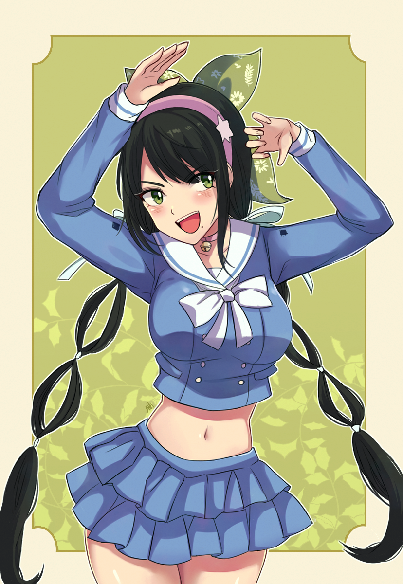 1girl :d arms_up bangs bell black_hair blue_skirt blush border breasts chabashira_tenko choker cowboy_shot dangan_ronpa_(series) dangan_ronpa_v3:_killing_harmony green_background green_eyes hair_ornament hair_ribbon hairband highres large_breasts layered_skirt lilshironeko long_hair long_sleeves midriff mole mole_under_mouth navel open_mouth pink_hairband pleated_skirt ribbon sailor_collar school_uniform serafuku skirt smile solo standing star_(symbol) stomach twintails upper_teeth white_border