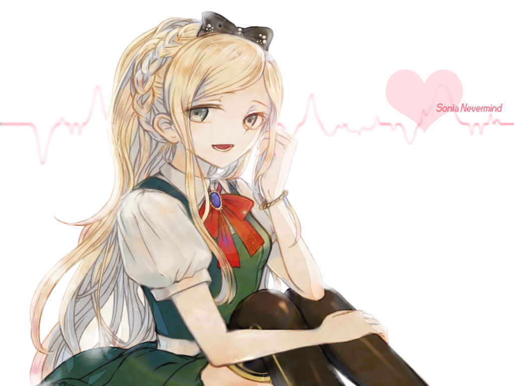 1girl ascot bangs black_bow black_legwear blonde_hair blue_eyes bow bracelet braid breasts character_name commentary_request dangan_ronpa_(series) dangan_ronpa_2:_goodbye_despair dress french_braid gem green_dress green_eyes hair_bow hand_up heart jewelry long_hair looking_at_viewer lower_teeth open_mouth pinafore_dress ponytail puffy_short_sleeves puffy_sleeves red_bow ribbon shirt short_hair short_sleeves sitting skirt small_breasts smile solo sonia_nevermind thigh-highs white_background white_shirt xsinon