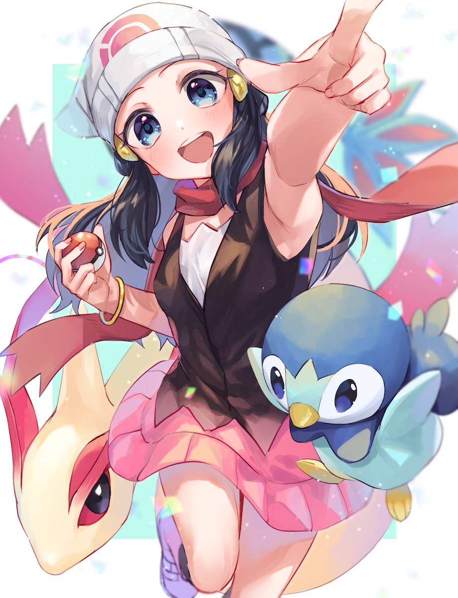 1girl :d beanie black_hair blurry bracelet commentary_request hikari_(pokemon) eyelashes floating_scarf gen_3_pokemon gen_4_pokemon hair_ornament hairclip hat highres holding holding_poke_ball jewelry long_hair looking_at_viewer milotic open_mouth ouri_(aya_pine) piplup poke_ball poke_ball_(basic) pokemon pokemon_(creature) pokemon_(game) pokemon_dppt red_scarf scarf sleeveless smile starter_pokemon teeth tongue white_headwear