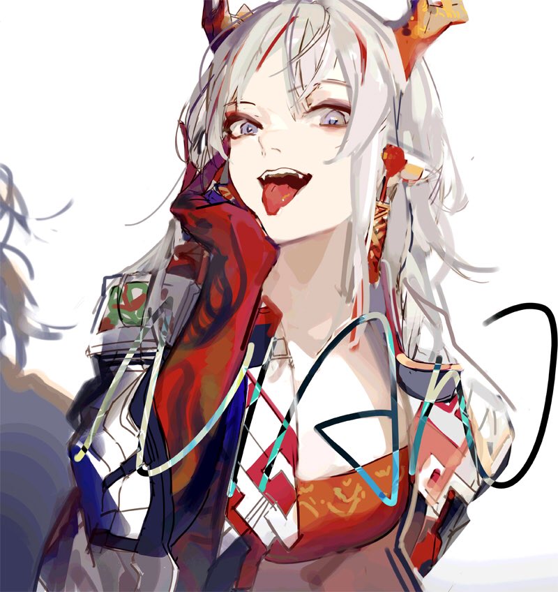 arknights coat earrings horns jewelry long_hair looking_at_viewer multicolored_hair nian_(arknights) nineo ponytail solo strapless streaked_hair tongue tongue_out tube tubetop violet_eyes