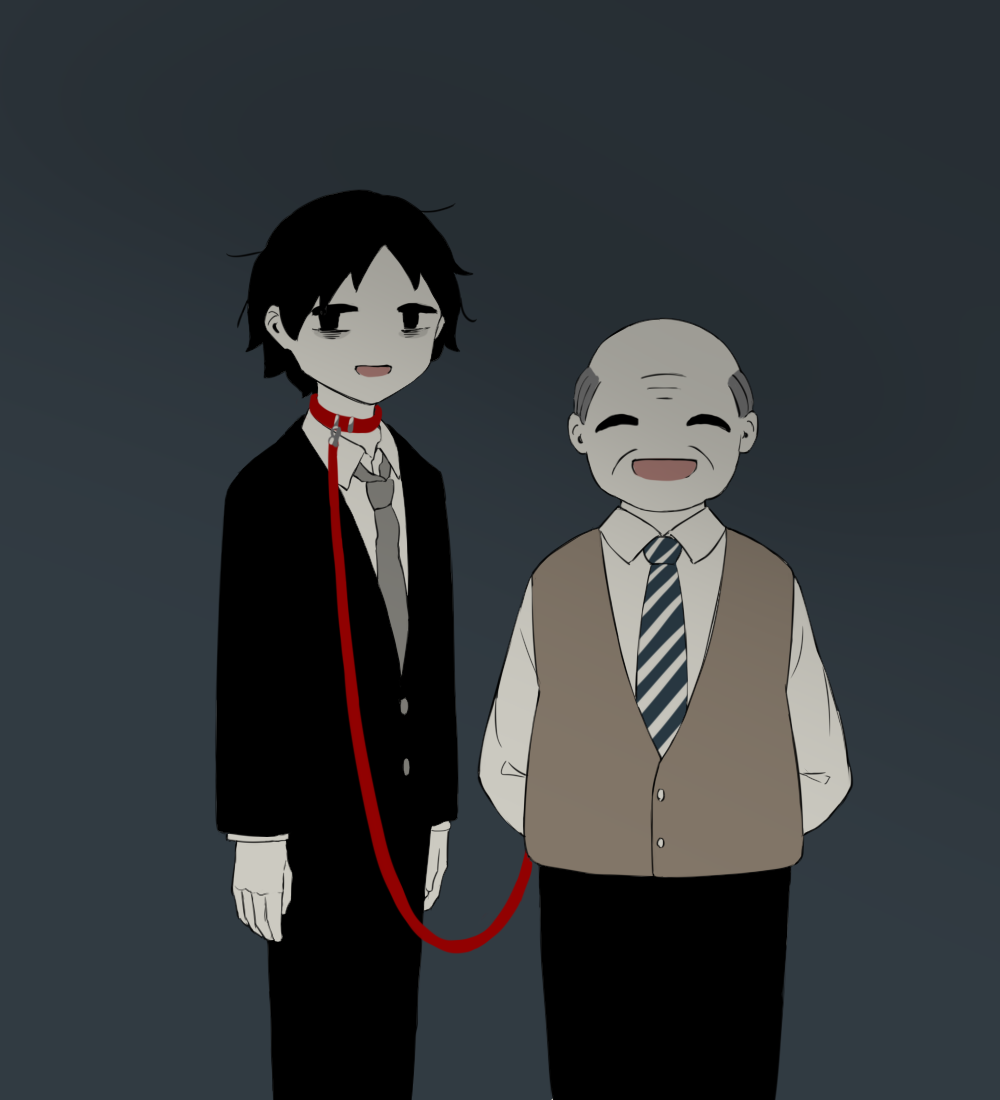 2boys :d arms_behind_back avogado6 bags_under_eyes bald belt_collar black_eyes black_hair black_jacket black_pants boss brown_vest closed_eyes collar collared_shirt commentary_request facing_viewer grey_background grey_hair grey_neckwear holding holding_leash jacket leash male_focus multiple_boys necktie open_mouth original pants red_collar shirt smile symbolism vest wing_collar