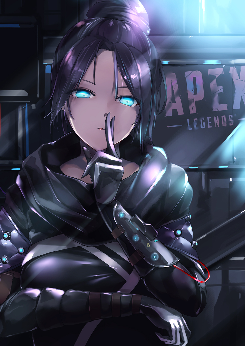 1girl apex_legends bangs black_gloves black_hair black_scarf blue_eyes bodysuit breasts cable copyright_name gloves glowing glowing_eyes hair_bun hand_gesture head_tilt highres kie_(yospcd) logo looking_at_viewer medium_breasts open_mouth parted_bangs scarf sitting solo wraith_(apex_legends)