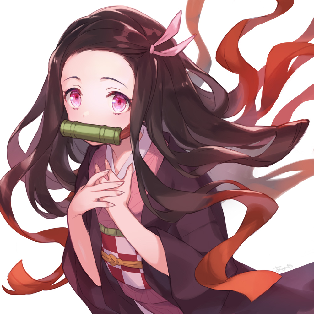 1girl ame8desu bit_gag black_hair black_haori forehead gag gradient_hair hair_ribbon hands_on_own_chest haori japanese_clothes kamado_nezuko kimetsu_no_yaiba kimono long_hair long_sleeves looking_at_viewer mouth_hold multicolored_hair obi obiage obijime pink_eyes pink_kimono pink_ribbon redhead ribbon sash solo upper_body white_background