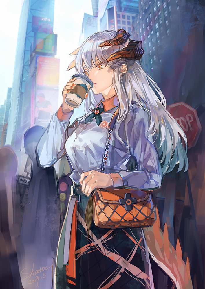 1girl arknights bag casual coffee dragon_girl dragon_horns horns looking_afar orange_eyes pomelo_(ice_blue585) saria_(arknights) shoulder_bag skirt solo tail white_hair