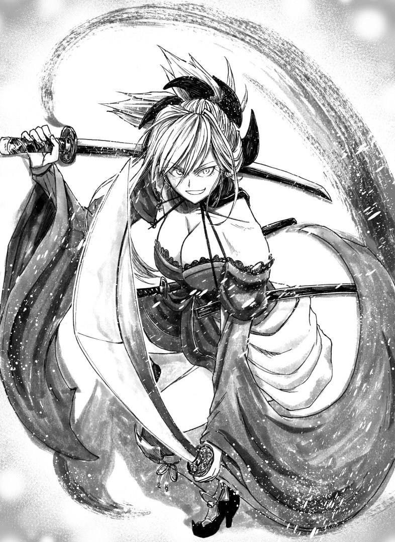 1girl dual_wielding fate/grand_order fate_(series) greyscale high_heels holding katana koyubi_(littlefinger1988) miyamoto_musashi_(fate) monochrome sword weapon