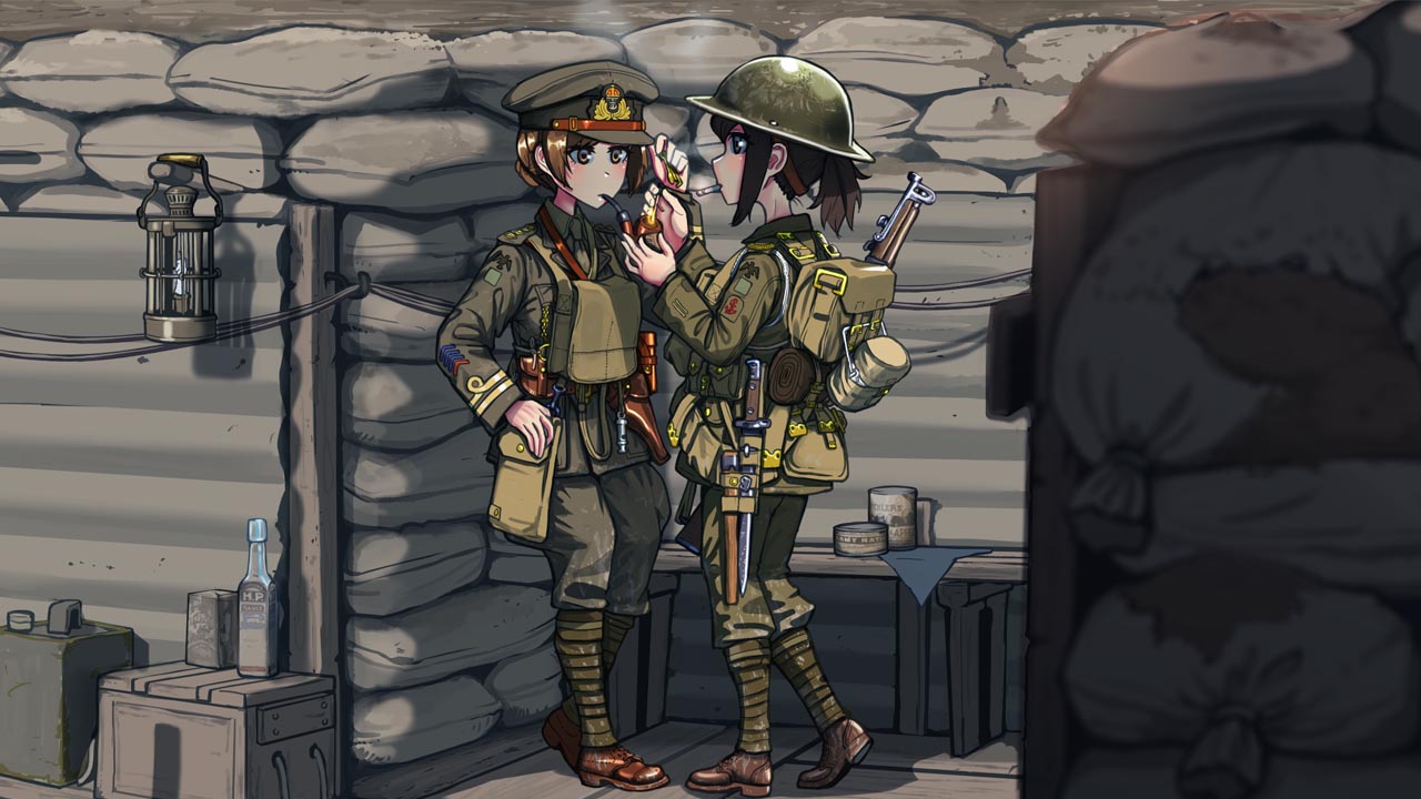 2girls bayonet black_hair brown_eyes brown_hair cigarette commentary commission erica_(naze1940) glass_bottle gun helmet lantern lee-enfield military military_uniform multiple_girls officer pipe rifle sandbag soldier tagme tin_can trench uniform weapon world_war_1