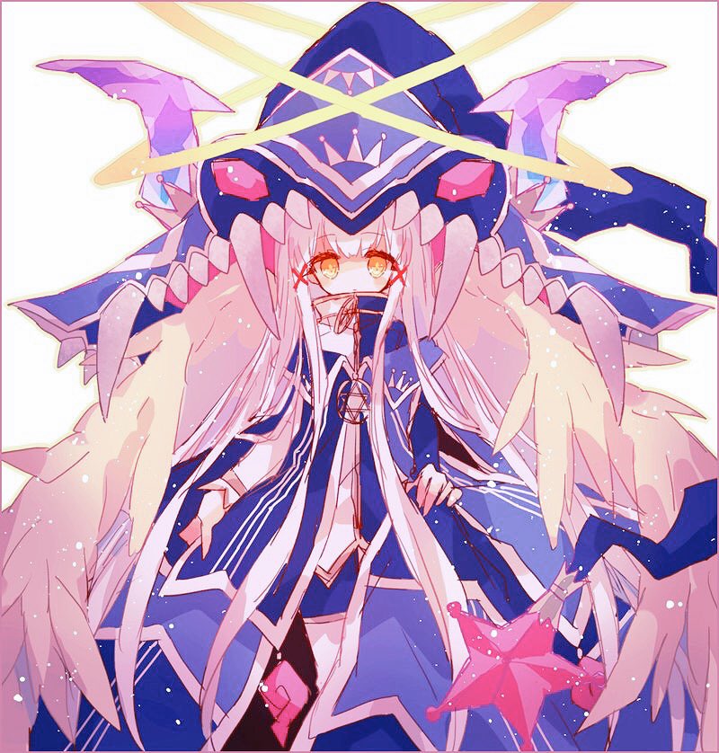 1girl animal_hat bangs blue_dress character_request dress eyebrows_visible_through_hair hair_ornament halo hat hexagram hibi89 long_hair long_sleeves looking_at_viewer merc_storia skirt_hold solo star_(symbol) very_long_hair white_hair wings witch_hat x_hair_ornament yellow_eyes