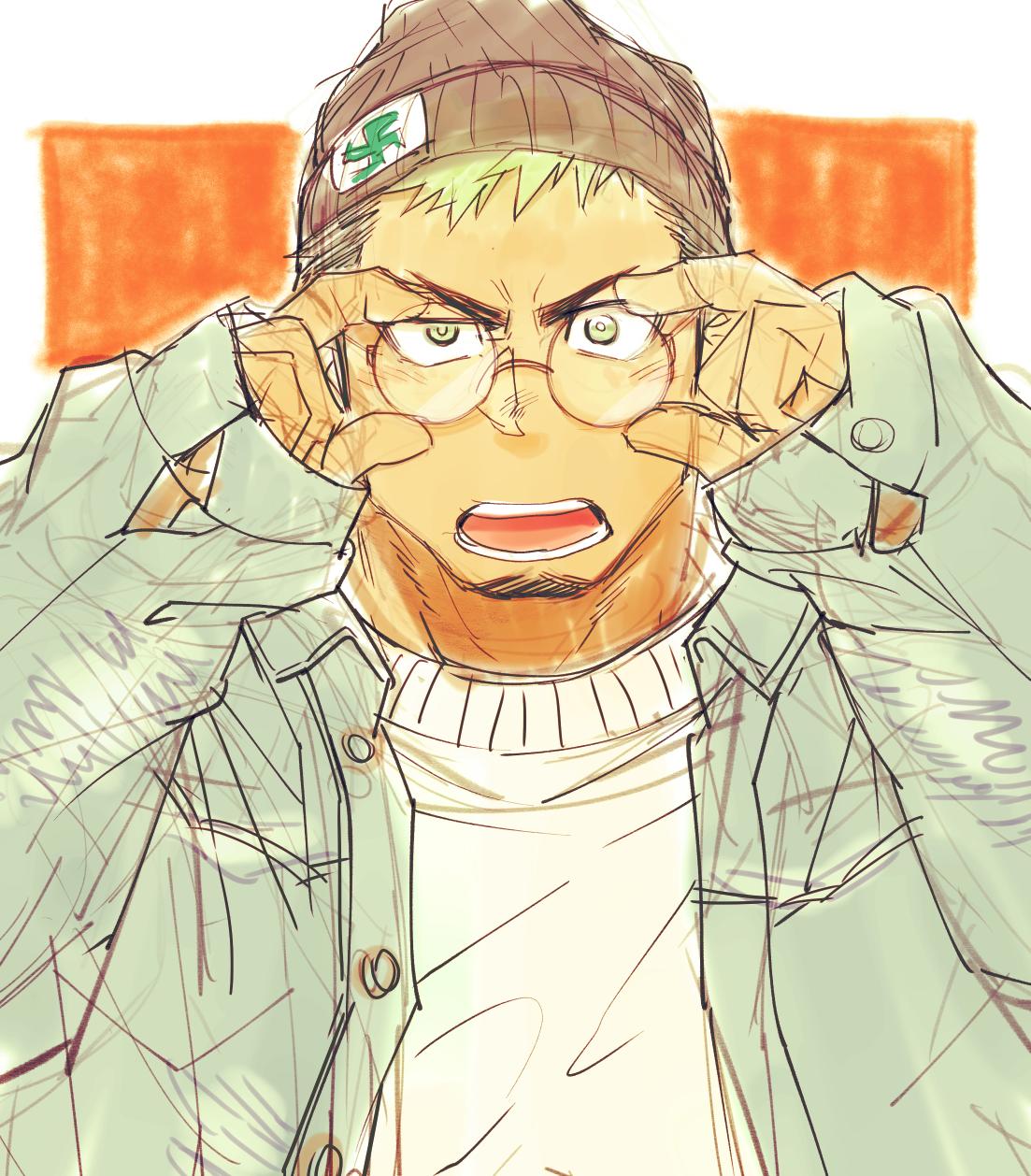1boy alternate_costume beanie black_hair blush casual contemporary dark_skin dark_skinned_male facial_hair glasses goatee green_eyes green_hair hat highres jacket male_focus multicolored_hair open_clothes open_jacket open_mouth round_eyewear short_hair sketch solo sweater taurus_mask tokyo_houkago_summoners two-tone_hair yakisoba_ohmori