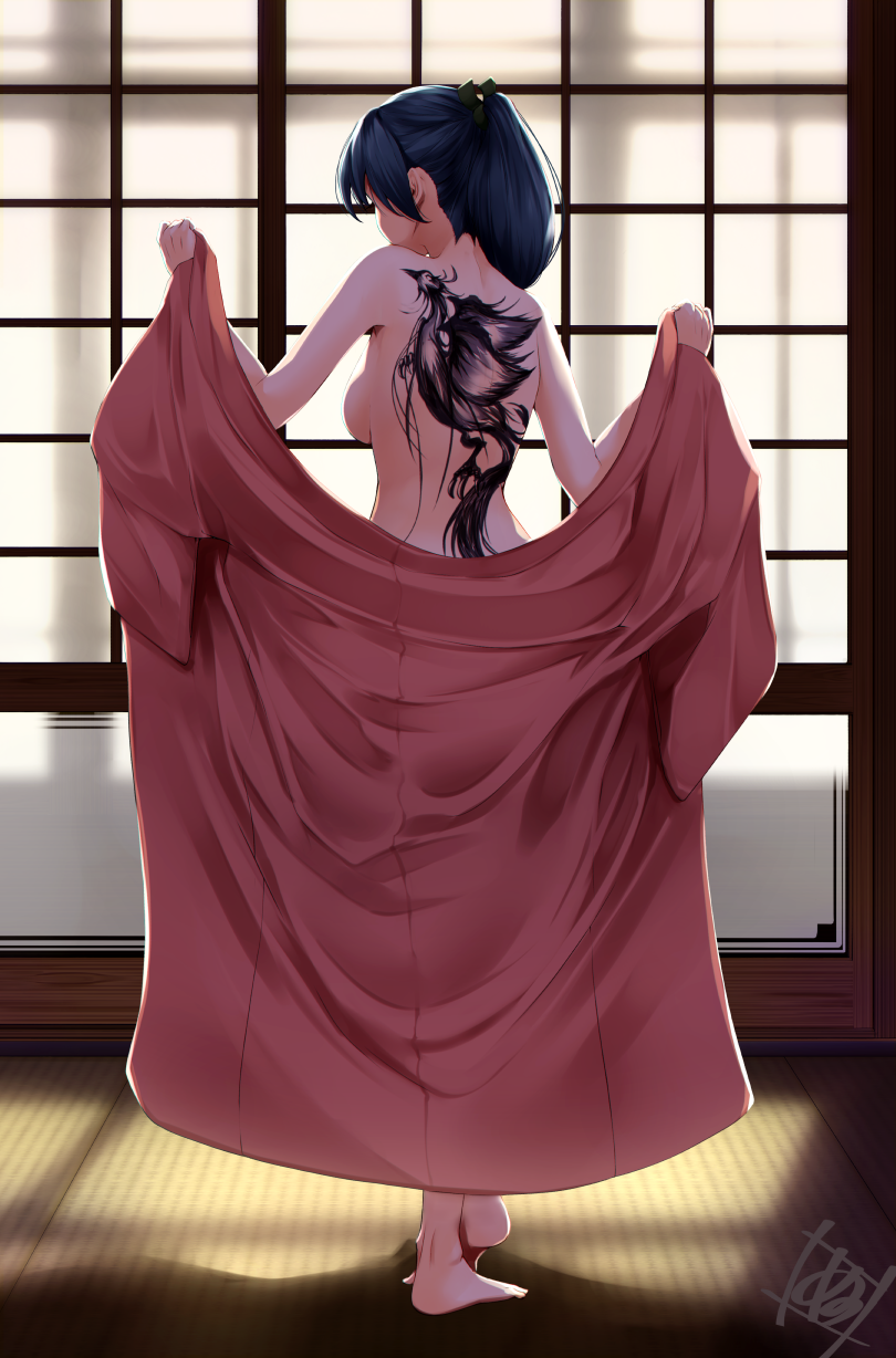 1girl artist_logo bird black_hair breasts commentary_request from_behind full_body highres houshou_(kancolle) japanese_clothes kantai_collection kimono long_hair nori_senbei_(norisenbei_1) open_clothes open_kimono phoenix pink_kimono ponytail sideboob solo standing tatami tattoo topless window
