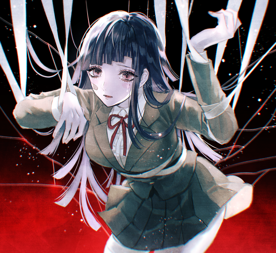 1girl arm_up bandages bandaid bandaid_on_cheek bangs black_background bound breasts brown_eyes brown_jacket brown_skirt collared_shirt commentary_request dangan_ronpa_(series) dangan_ronpa_3_(anime) hand_up hope's_peak_academy_school_uniform jacket large_breasts leaning_forward long_hair long_sleeves lower_teeth mole mole_under_eye neck_ribbon necktie open_mouth pleated_skirt red_background red_neckwear red_ribbon ribbon sakuyu school_uniform shirt skirt solo tears tsumiki_mikan twitter_username white_shirt