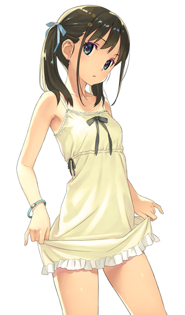 1girl :o bangs bare_arms bare_shoulders black_hair blue_bow blue_eyes blush bow breasts commentary_request dress eyebrows_visible_through_hair frilled_dress frills hair_bow head_tilt koutaro long_hair original parted_lips simple_background skirt_hold sleeveless sleeveless_dress small_breasts solo tan tanline twintails white_background white_dress