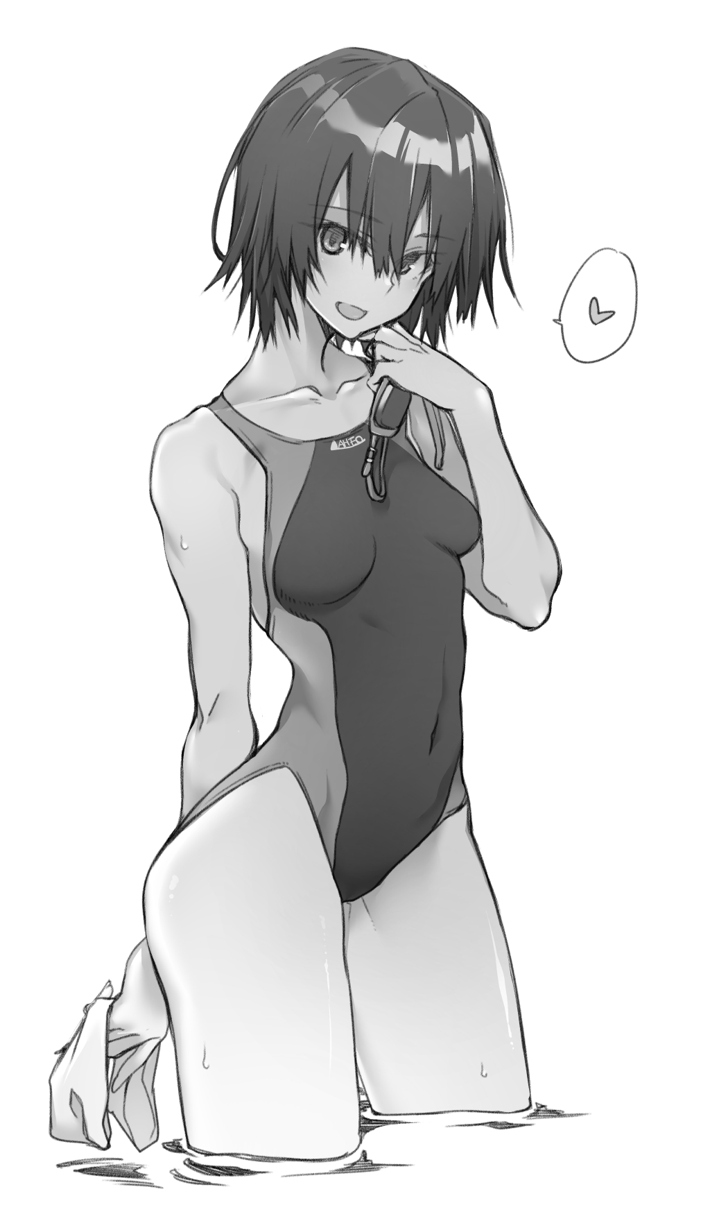 10mo 1girl amagami breasts commentary_request competition_swimsuit contrapposto covered_navel goggles goggles_removed greyscale head_tilt heart highres monochrome nanasaki_ai one-piece_swimsuit short_hair simple_background small_breasts soaking_feet solo spoken_heart standing swim_cap_removed swimsuit water