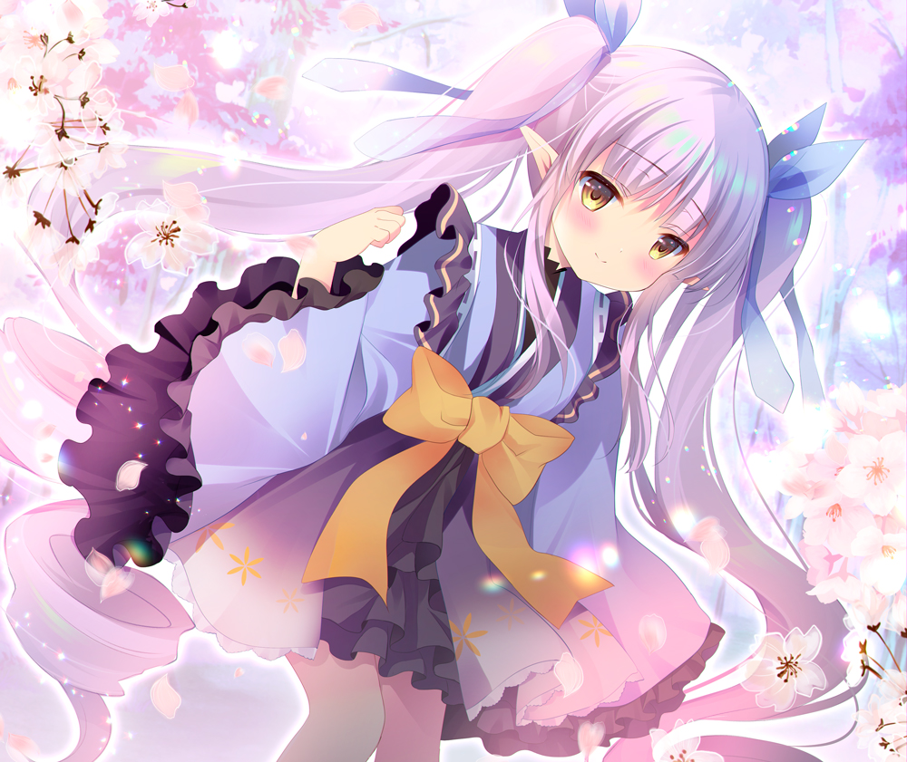 1girl blue_kimono blue_ribbon blush bow brown_eyes closed_mouth commentary_request dutch_angle feet_out_of_frame flower hair_ribbon hand_up japanese_clothes kimono kyouka_(princess_connect!) long_hair long_sleeves looking_at_viewer petals pink_flower princess_connect! princess_connect!_re:dive purple_hair ribbon ribbon_trim shirogane_hina sitting smile solo twintails very_long_hair wide_sleeves yellow_bow