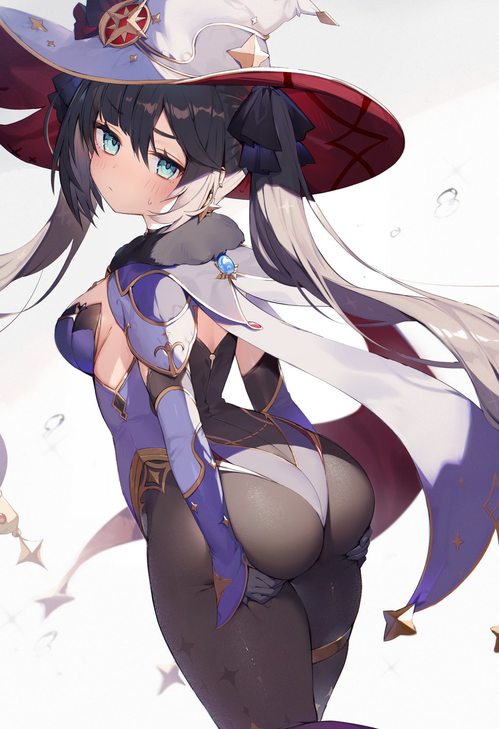 1girl aqua_eyes ass ass_support bangs black_gloves black_hair black_legwear blush bodysuit_under_clothes breasts closed_mouth commentary_request earrings eyebrows_visible_through_hair from_behind genshin_impact gloves hair_ribbon hands_on_own_ass hat hat_ornament highres jewelry leotard long_hair looking_at_viewer looking_back medium_breasts mona_(genshin_impact) muryotaro pantyhose purple_headwear ribbon simple_background solo star_(symbol) star_earrings star_ornament twintails vision_(genshin_impact) white_background witch_hat wizard_hat