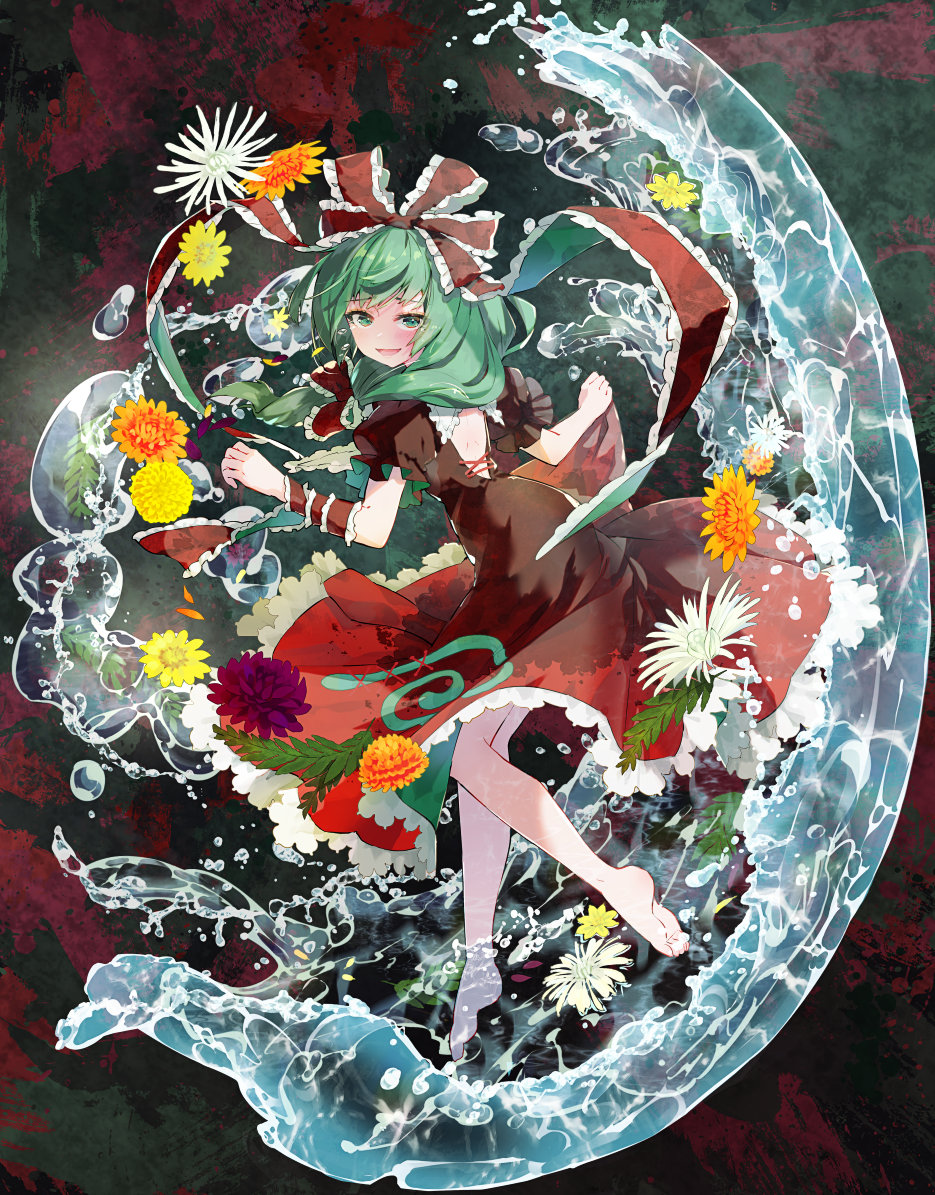 1girl :d abstract_background bangs barefoot blush bow brown_dress commentary_request cross-laced_clothes daisy dark_background dress eyebrows_visible_through_hair flower flower_request frilled_ribbon frills from_behind front_ponytail full_body gradient_dress green_eyes green_hair hair_bow hair_ribbon hands_up kagiyama_hina long_hair looking_at_viewer looking_back open_mouth orange_flower petticoat puffy_short_sleeves puffy_sleeves purple_flower red_bow red_dress red_ribbon ribbon short_sleeves simple_background smile solo syuri22 touhou water white_flower yellow_flower
