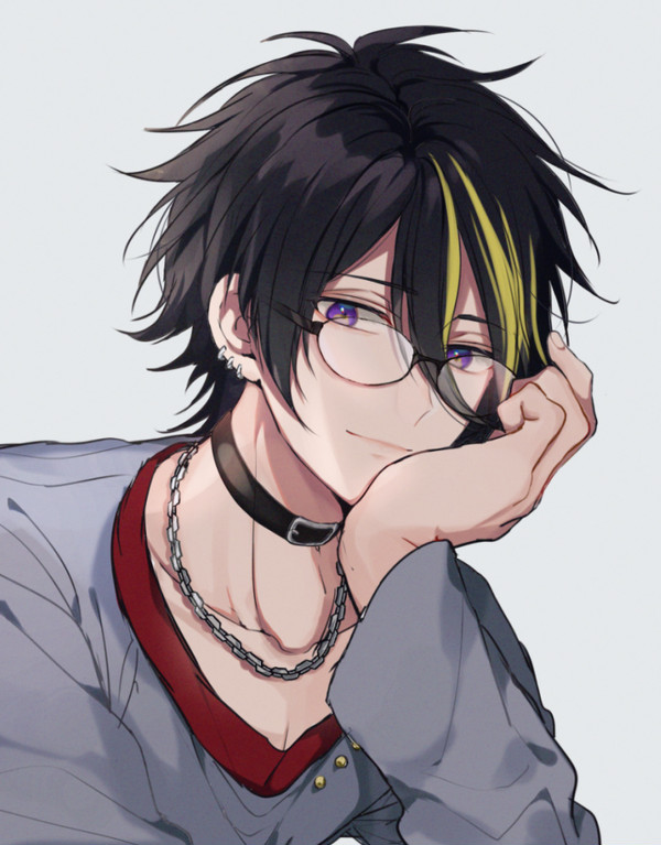 1boy argonavis_from_bang_dream! bang_dream! bespectacled black_hair blonde_hair chain choker ear_piercing glasses hand_on_own_face hand_rest jewelry male_focus mizukikushou multicolored_hair necklace piercing simple_background solo streaked_hair violet_eyes white_background