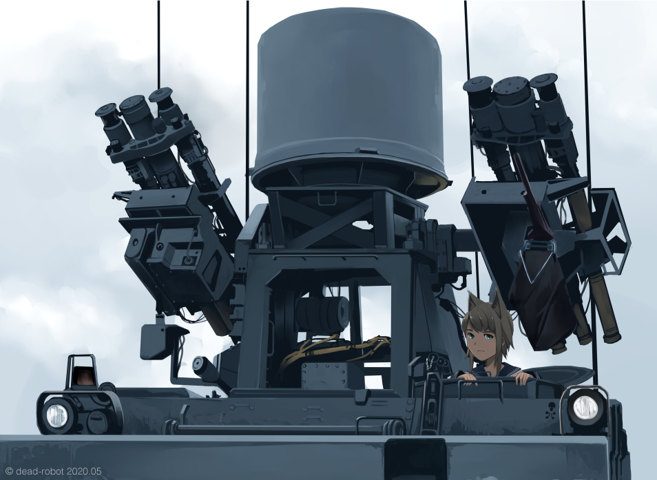 1girl animal_ears armored_personnel_carrier armored_vehicle artist_name brown_hair cat_ears clouds cloudy_sky dead-robot green_eyes ground_vehicle hatch looking_at_viewer m113 military military_uniform military_vehicle naval_uniform original radio_antenna sailor_collar short_hair sky soldier solo uniform