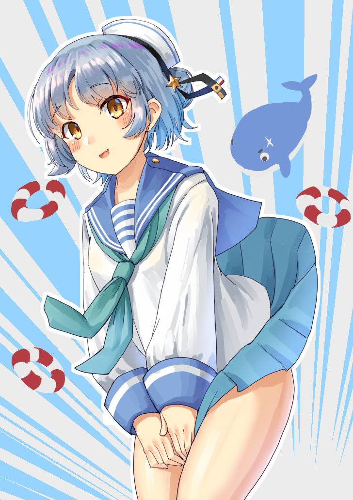 1girl aqua_neckwear aqua_skirt black_ribbon blue_hair blue_sailor_collar dixie_cup_hat double_bun hat hat_ribbon kantai_collection lifebuoy little_blue_whale_(kancolle) long_sleeves mayura2002 military_hat miniskirt navy_cross neckerchief orange_eyes pleated_skirt ribbon sailor_collar samuel_b._roberts_(kancolle) school_uniform serafuku shirt short_hair skirt skirt_hold sleeve_cuffs whale white_headwear white_shirt