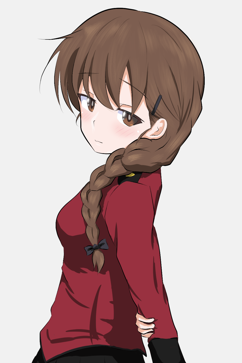 1girl arm_behind_back arm_grab bangs black_ribbon blush boko_dream braid braided_ponytail brown_eyes brown_hair closed_mouth commentary epaulettes eyebrows_visible_through_hair from_side girls_und_panzer grey_background hair_ornament hair_over_shoulder hair_ribbon hairclip half-closed_eyes highres jacket light_smile long_hair long_sleeves looking_at_viewer military military_uniform red_jacket ribbon rukuriri_(girls_und_panzer) simple_background single_braid solo st._gloriana's_military_uniform standing uniform